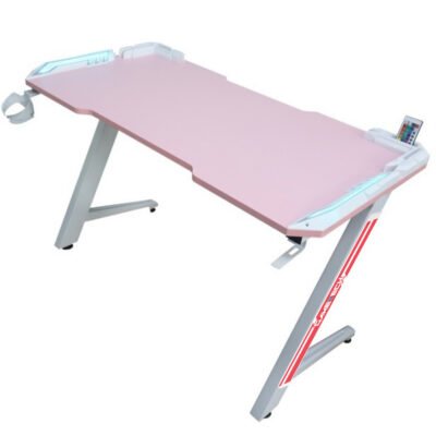 Z-Shaped Pink Gaming Desk (Incl Stickers, cup holder, headphone hook, cable management)