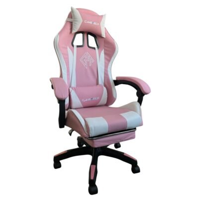 Reclining Ergonomic Gaming Chair with Adjustable Footrest & Lumbar Support - Pink & White
