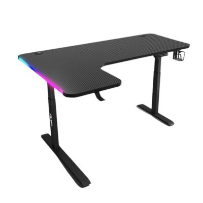 Black L Shape Gaming Desk, RGB Lighting with USB, Cup Holder & Headphone Clip