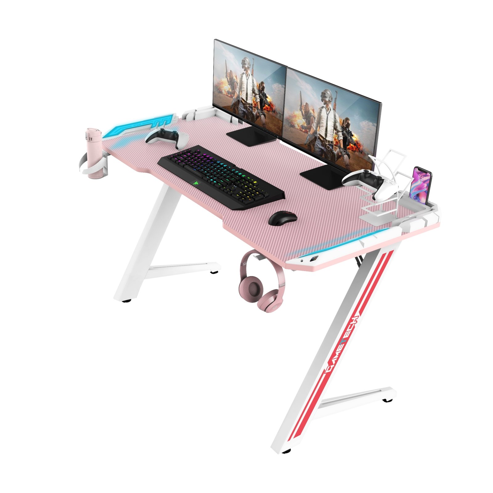 Z-Shaped Pink Gaming Desk (Incl Stickers, cup holder, headphone hook, cable management) - Image 2