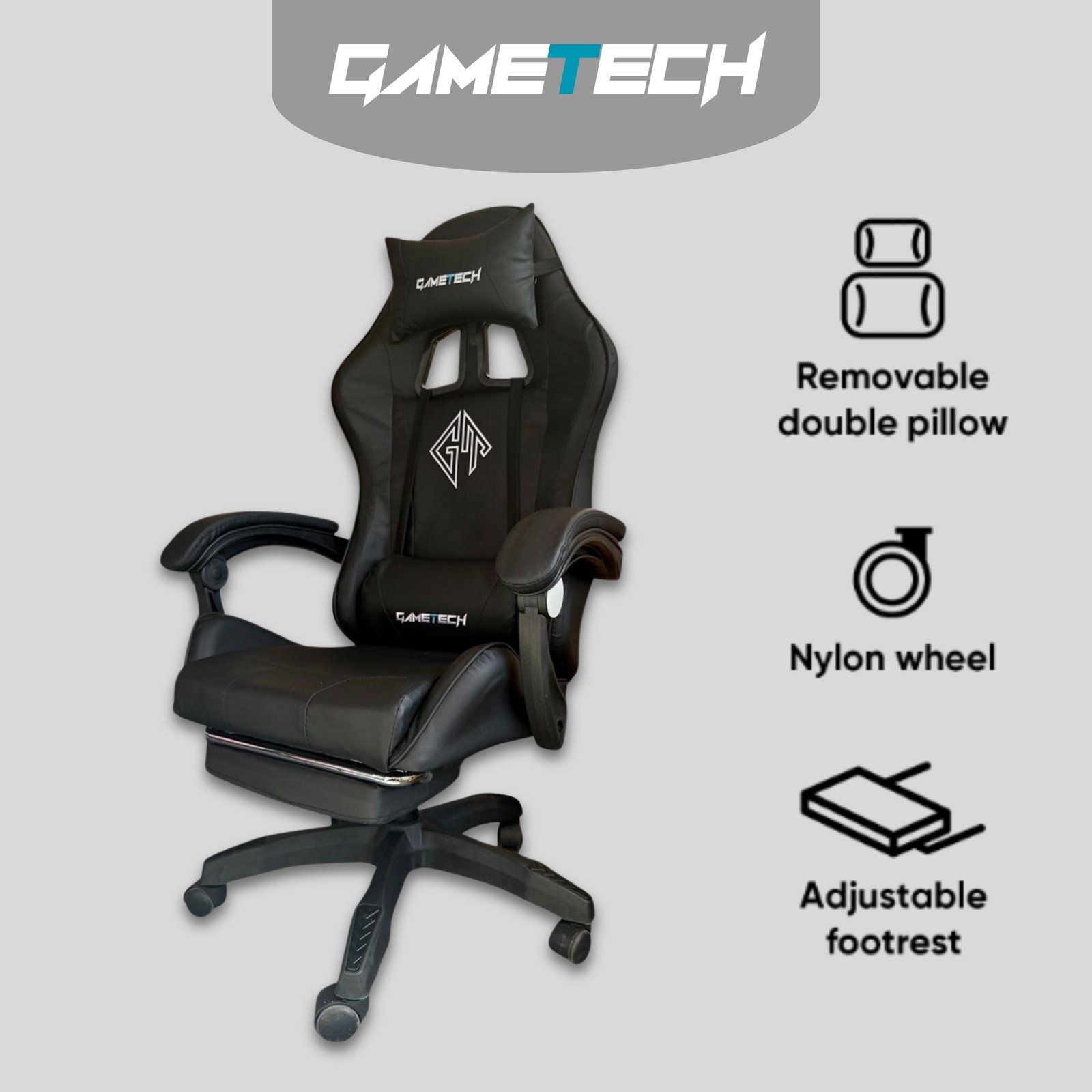 Reclining Ergonomic Gaming Chair with Adjustable Footrest & Lumbar Support - Black - Image 2