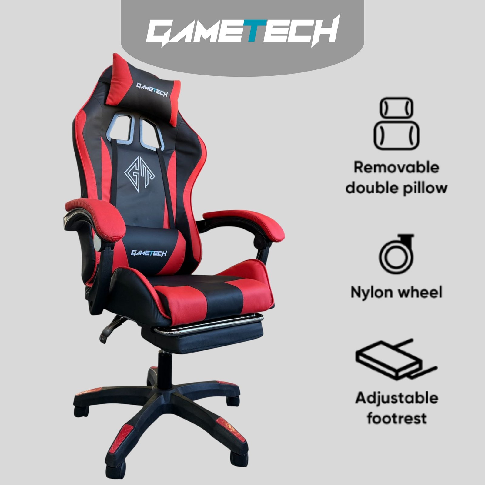 Reclining Ergonomic Gaming Chair with Adjustable Footrest & Lumbar Support - Black & Red - Image 2