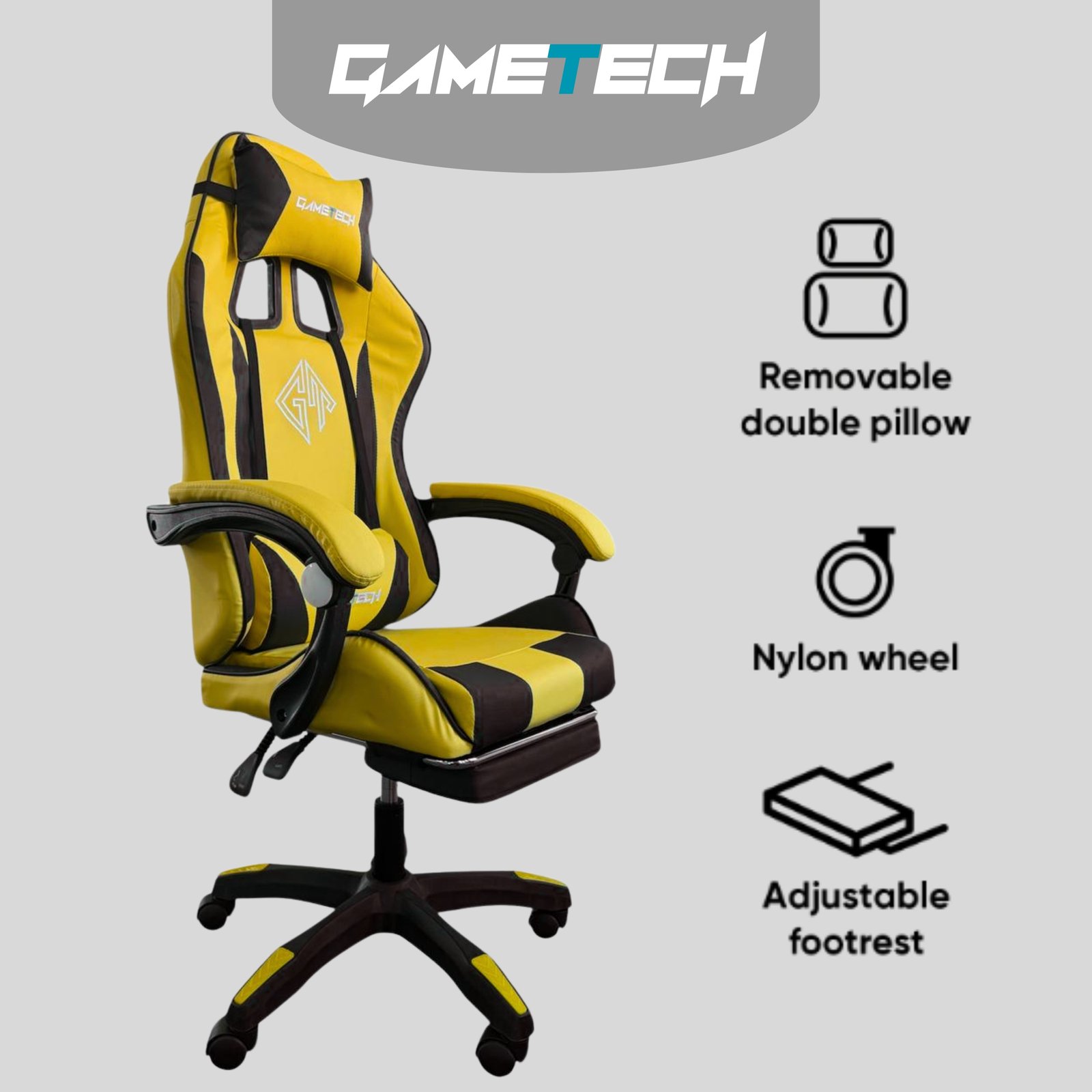 Reclining Ergonomic Gaming Chair with Adjustable Footrest & Lumbar Support - Black & Yellow - Image 2