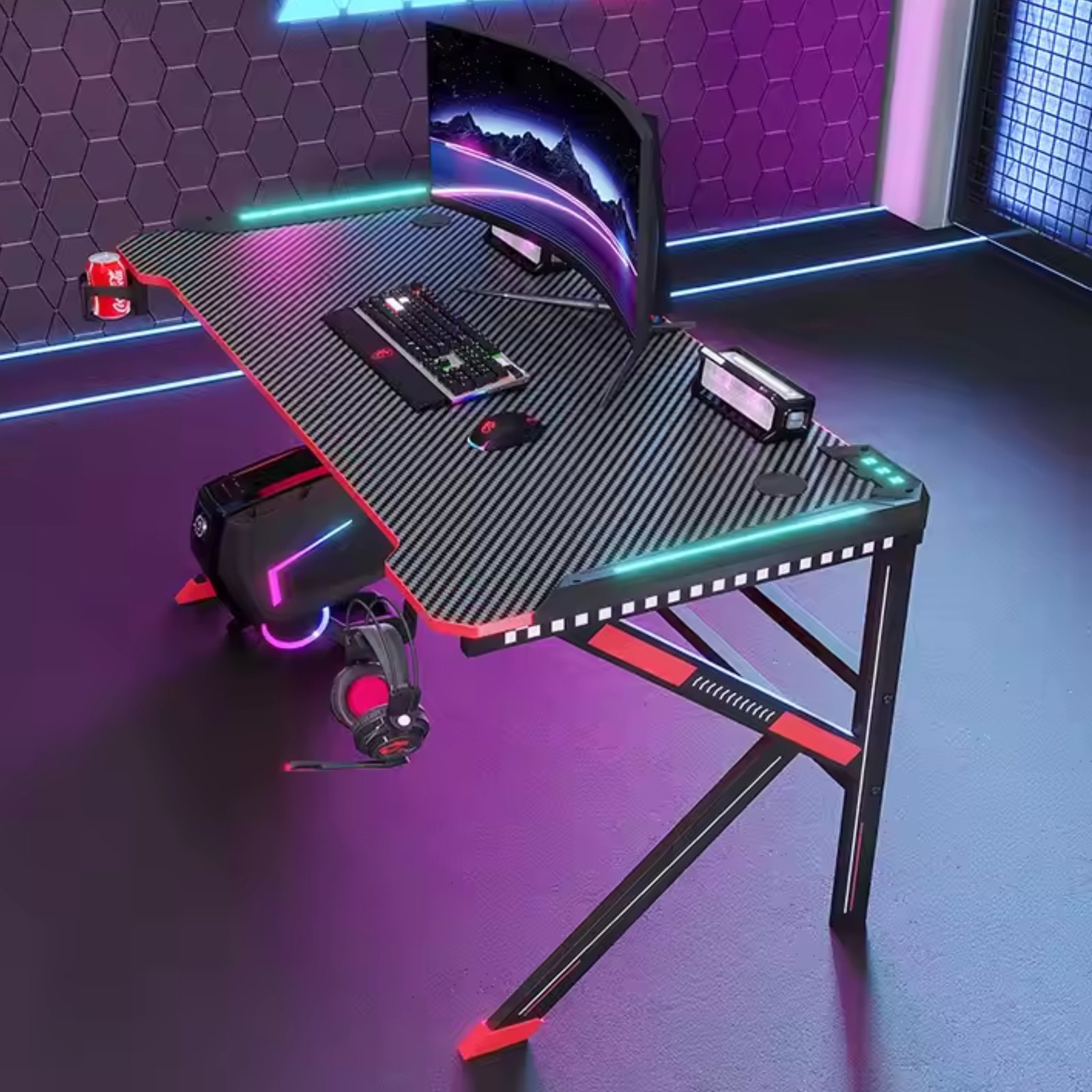 Ergonomic Gaming Table with Cup Holder and Headphone Hook - Image 2