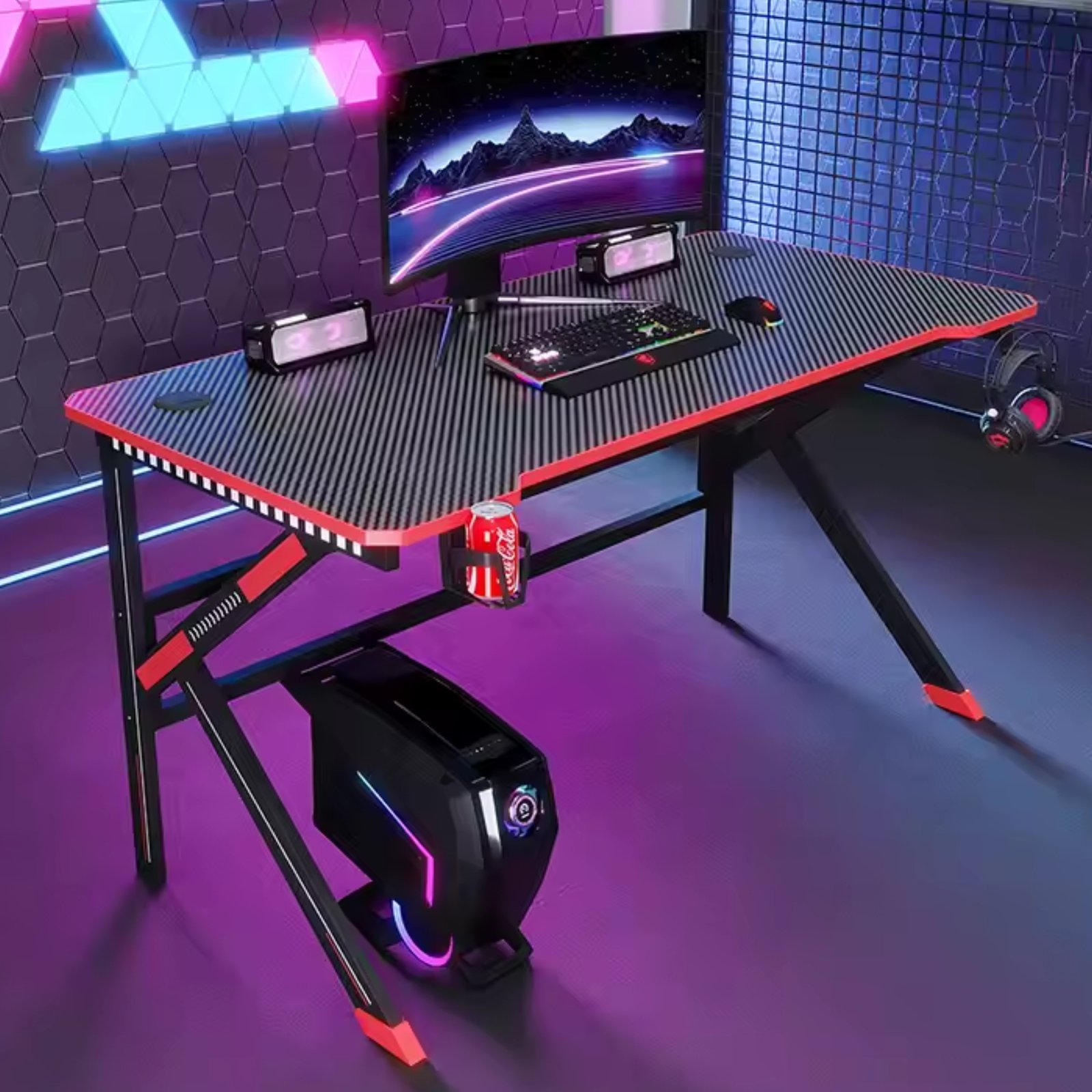 Ergonomic Gaming Table with Cup Holder and Headphone Hook - Image 3