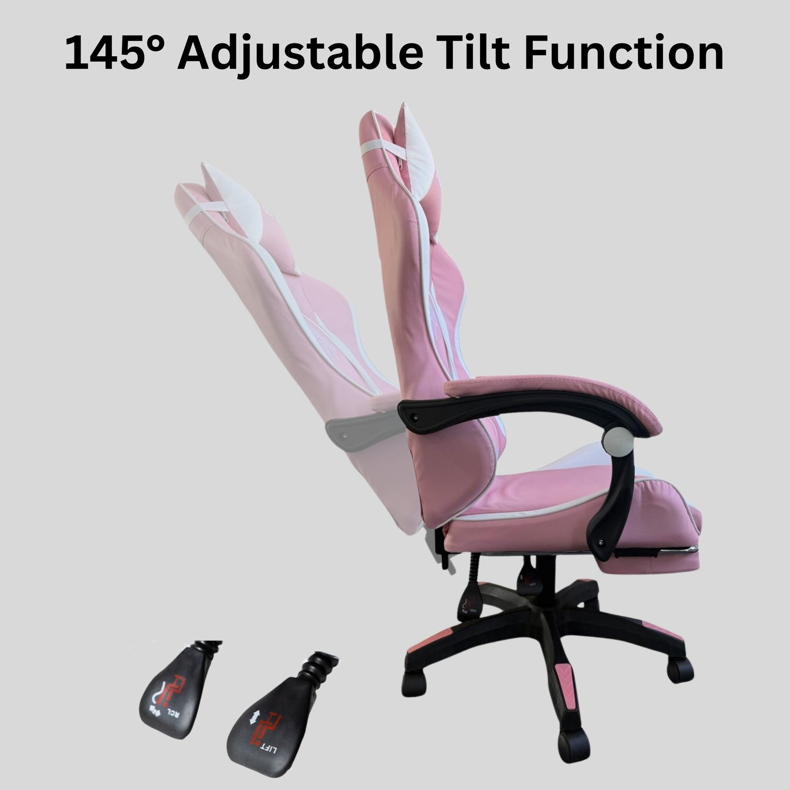 Reclining Ergonomic Gaming Chair with Adjustable Footrest & Lumbar Support - Pink & White - Image 4