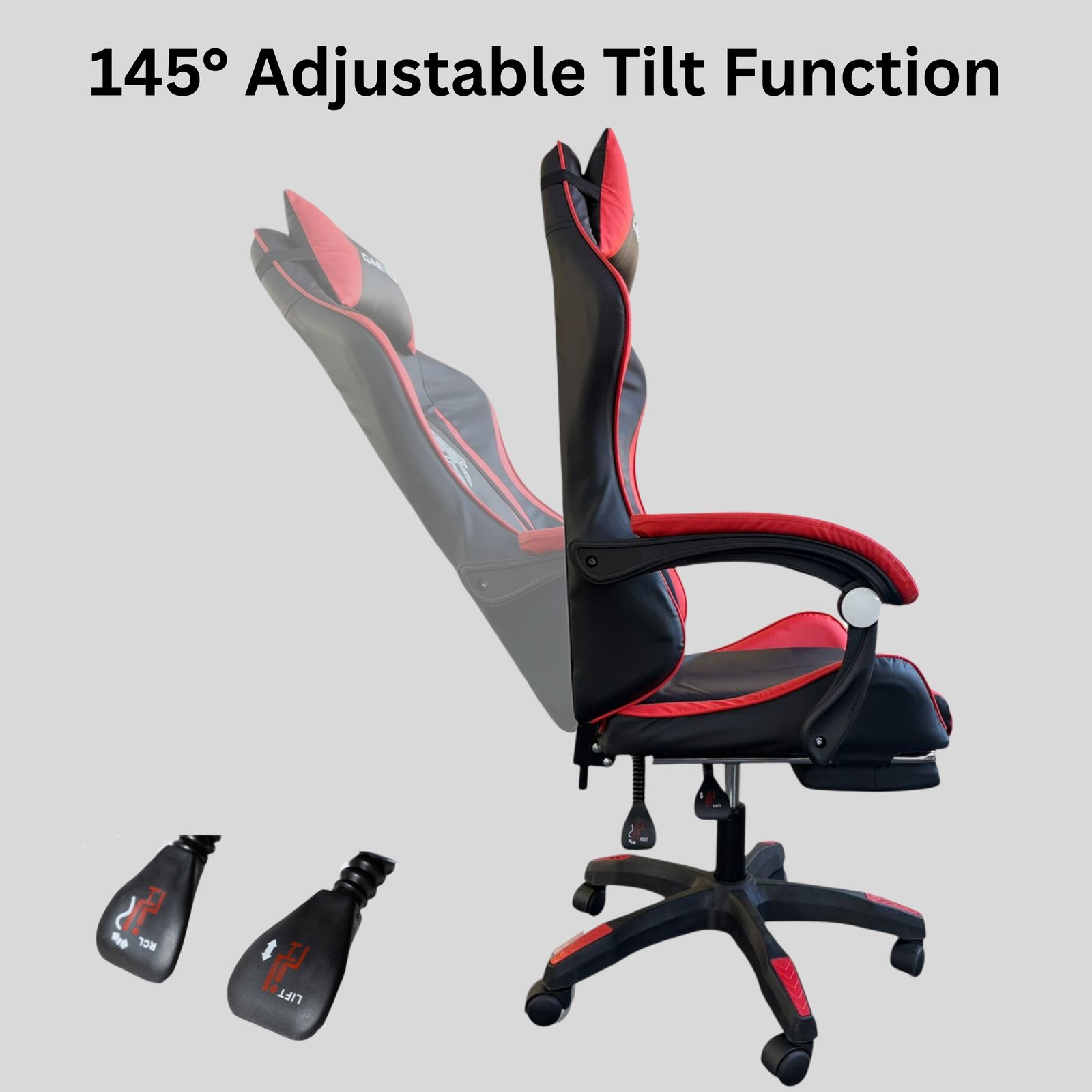 Reclining Ergonomic Gaming Chair with Adjustable Footrest & Lumbar Support - Black & Red - Image 4