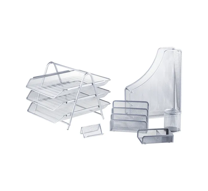 MESH 6 PCS STATIONERY SET WITH BIN - NO.14 # SILVER