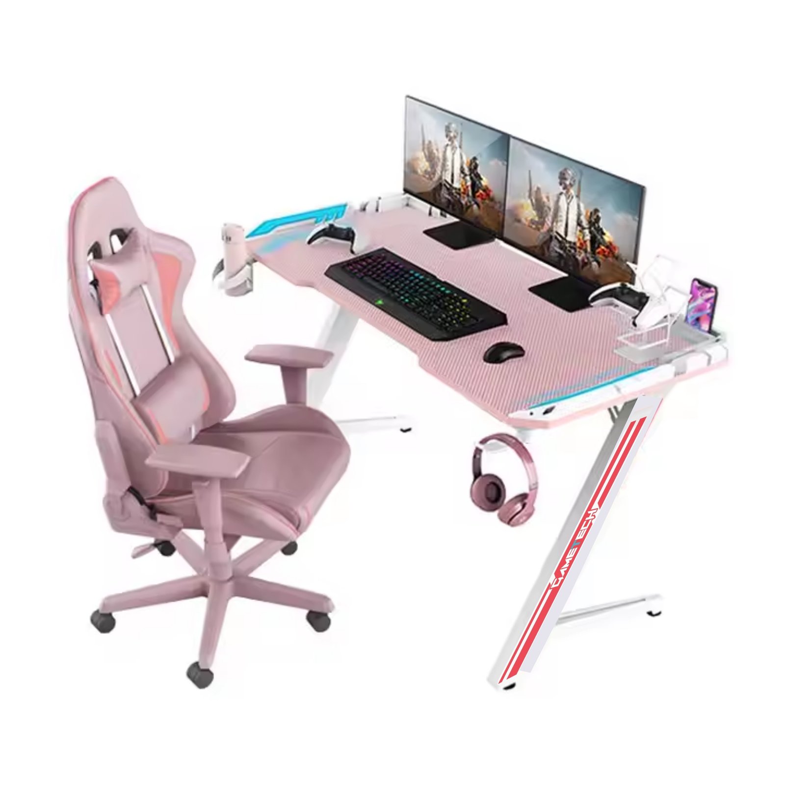 Z-Shaped Pink Gaming Desk (Incl Stickers, cup holder, headphone hook, cable management) - Image 5