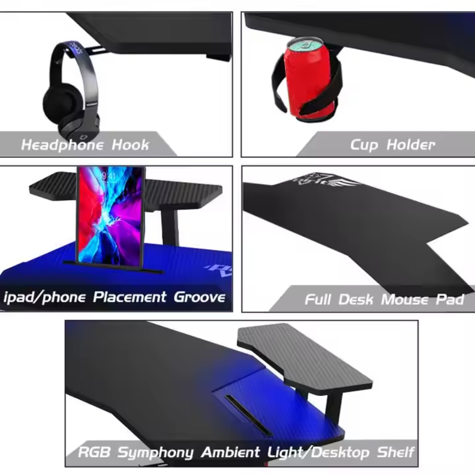Large Desktop Gaming Desk with RGB LED Light E-Sports Gaming Table - Image 5
