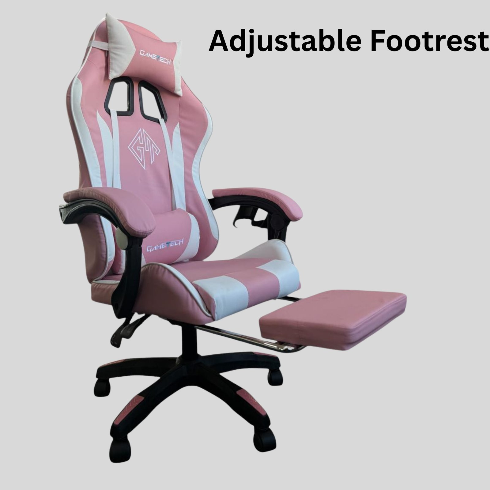 Reclining Ergonomic Gaming Chair with Adjustable Footrest & Lumbar Support - Pink & White - Image 5