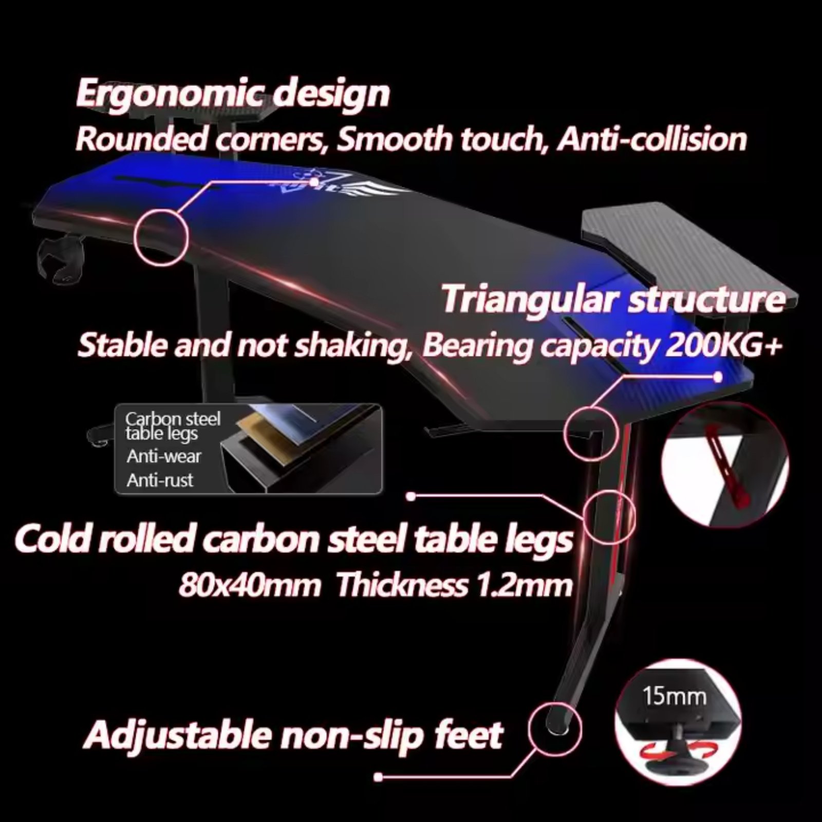 Large Desktop Gaming Desk with RGB LED Light E-Sports Gaming Table - Image 6